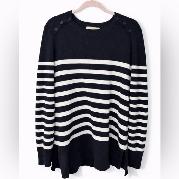 LOFT Sweaters - LOFT Women’s Navy & White Striped Sweater Size L Button Shoulder